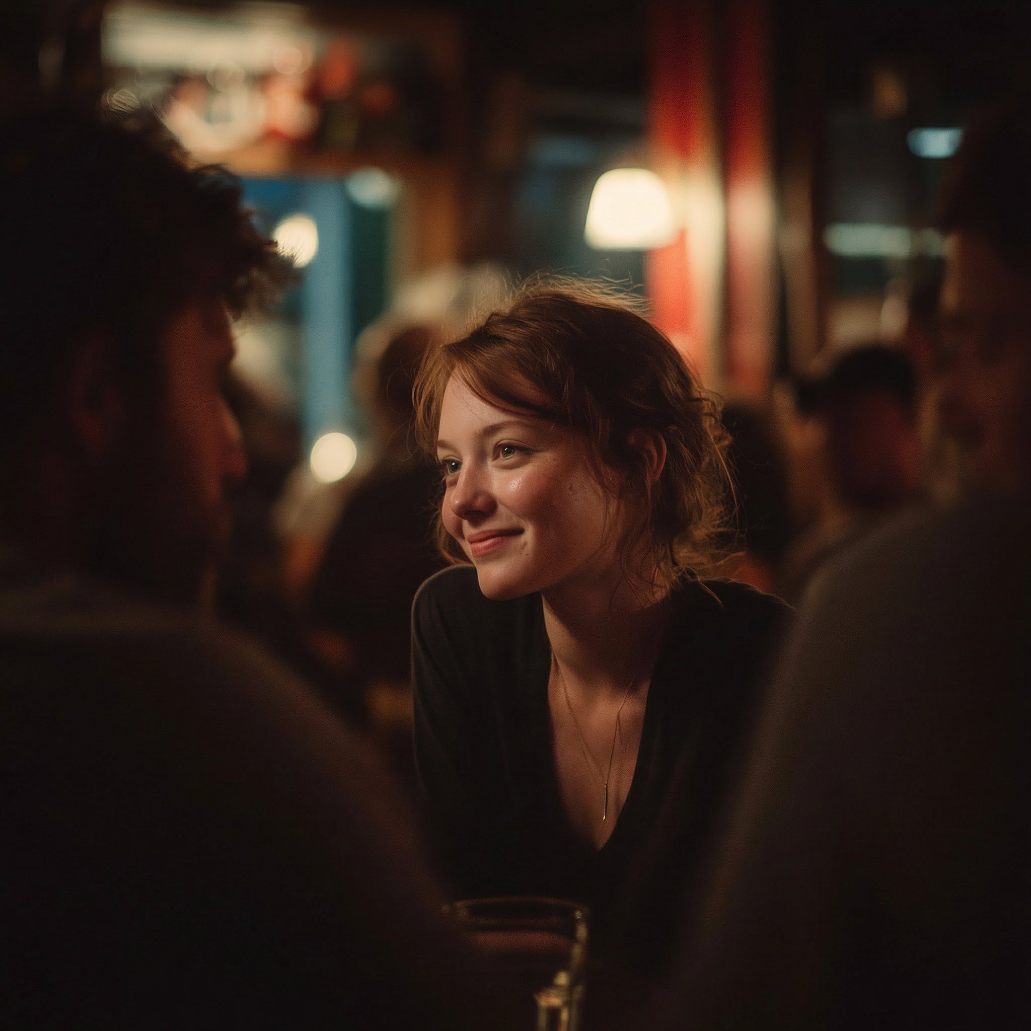 A candid cinematic photograph of a person quietly smiling while observing a group conversation, representing natural humour and observational comedy.