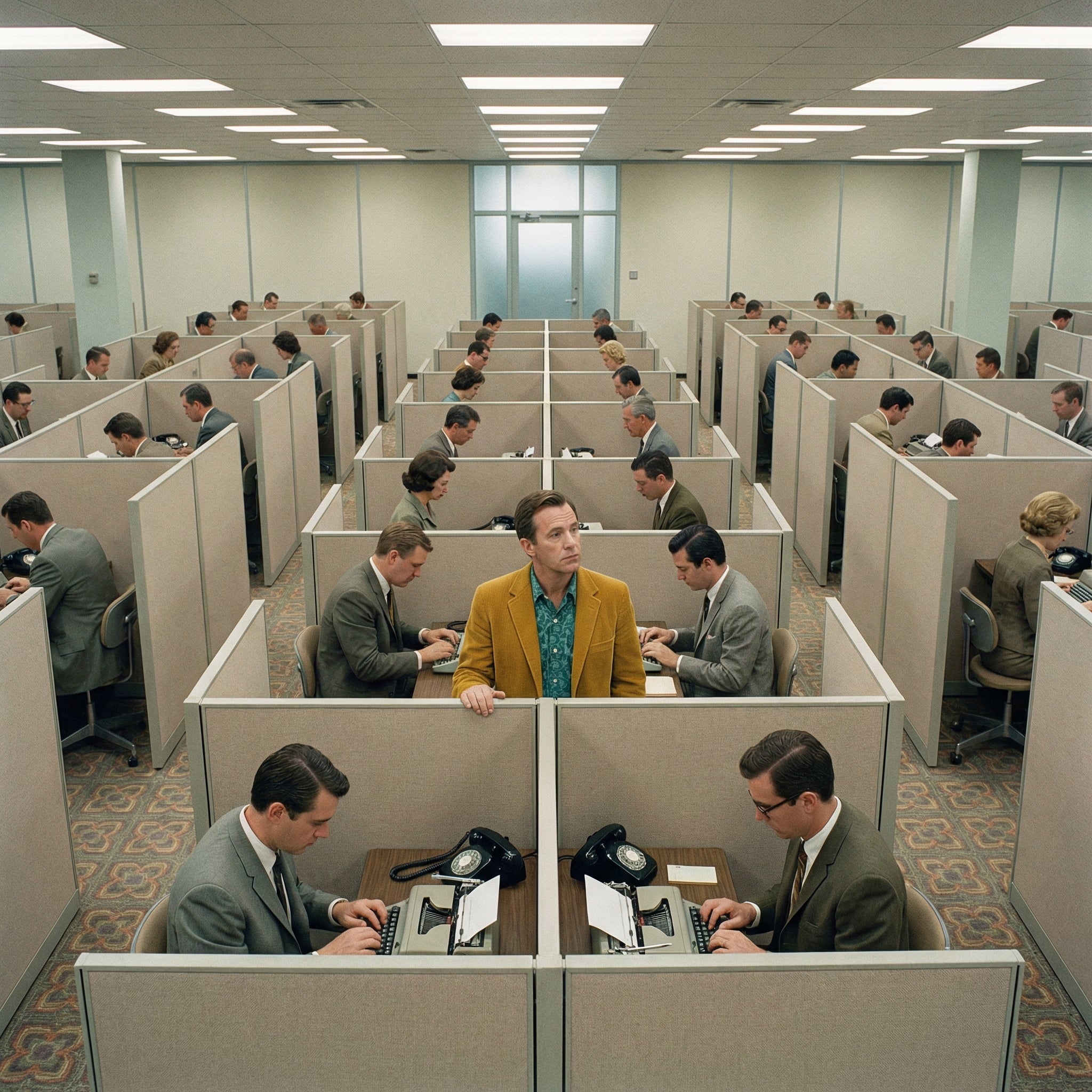 Symmetrical office cubicles filled with workers performing everyday tasks, illustrating workplace behaviour and the quiet performance of human routines in structured environments.
