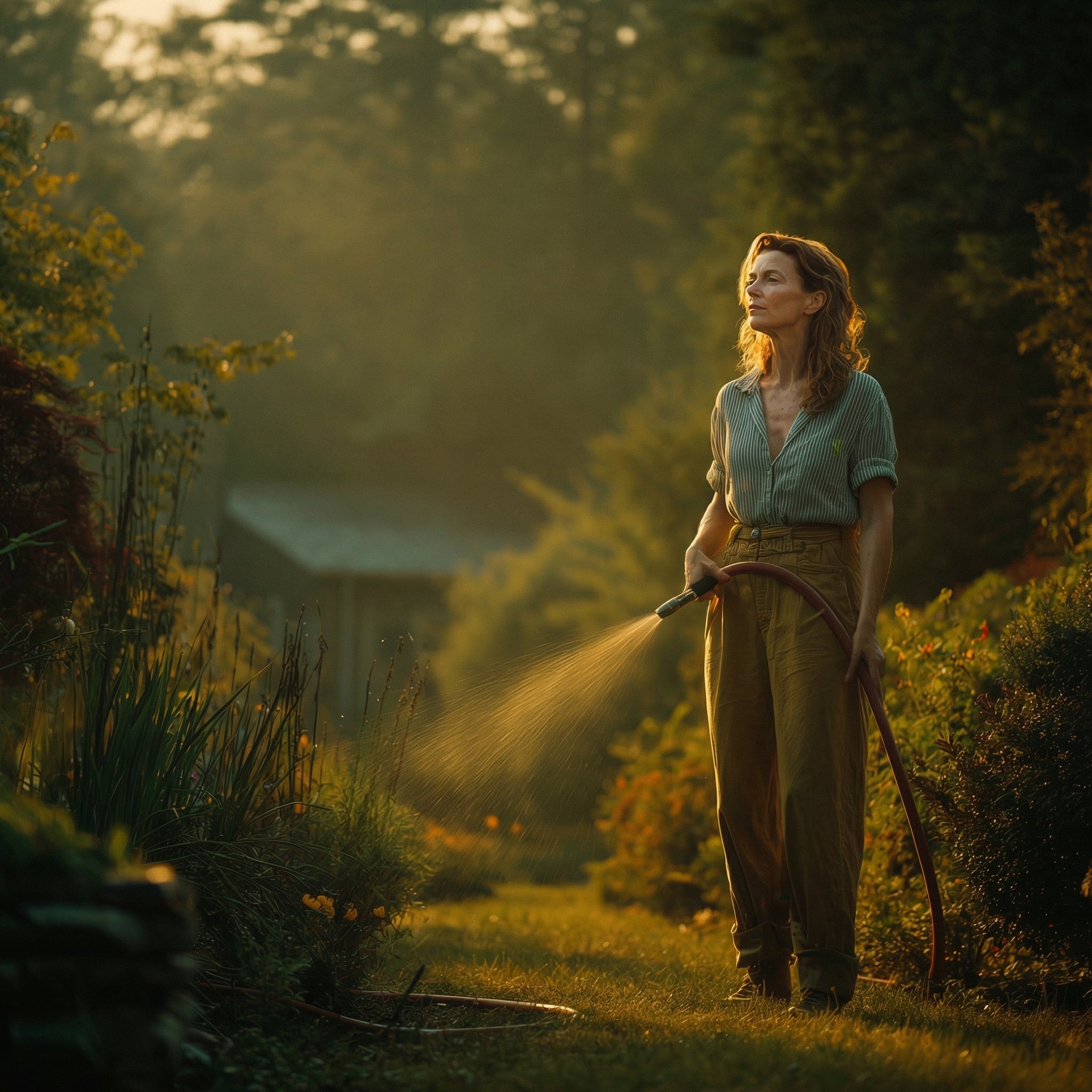Cinematic portrait of a person watering plants in a garden with a hose at golden hour, dramatic sunlight illuminating the scene.