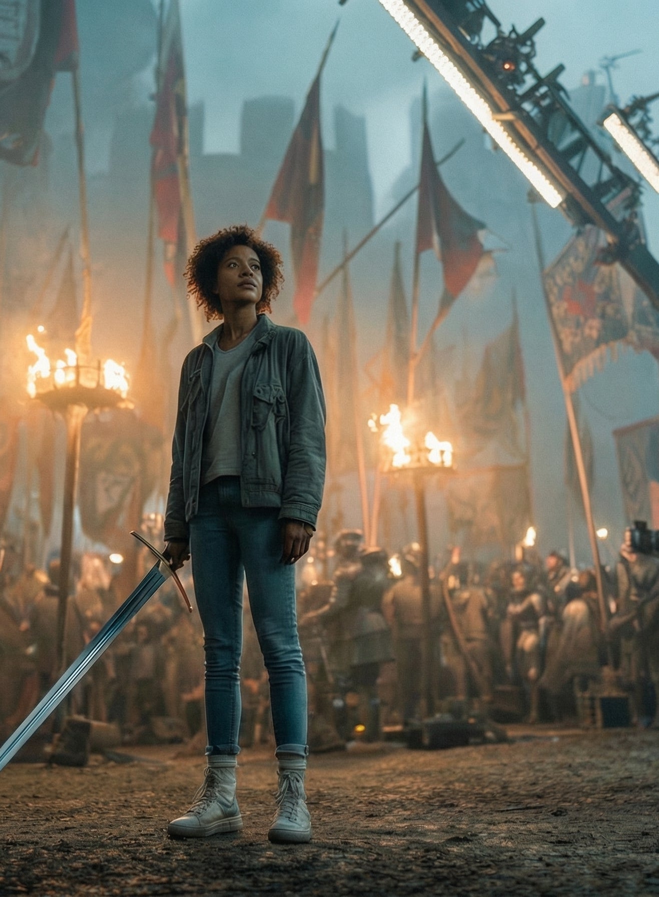 A young woman in jeans, trainers, and a casual jacket stands in the centre of a vast medieval battle scene. She is holding a sword. Around her — armoured knights, burning torches, battle flags, and a full film production crew including a camera crane. Her expression is the expression of someone who has arrived on the wrong set and has decided to see it through. The production — is completely committed to this decision. The production — has always been committed to this decision.