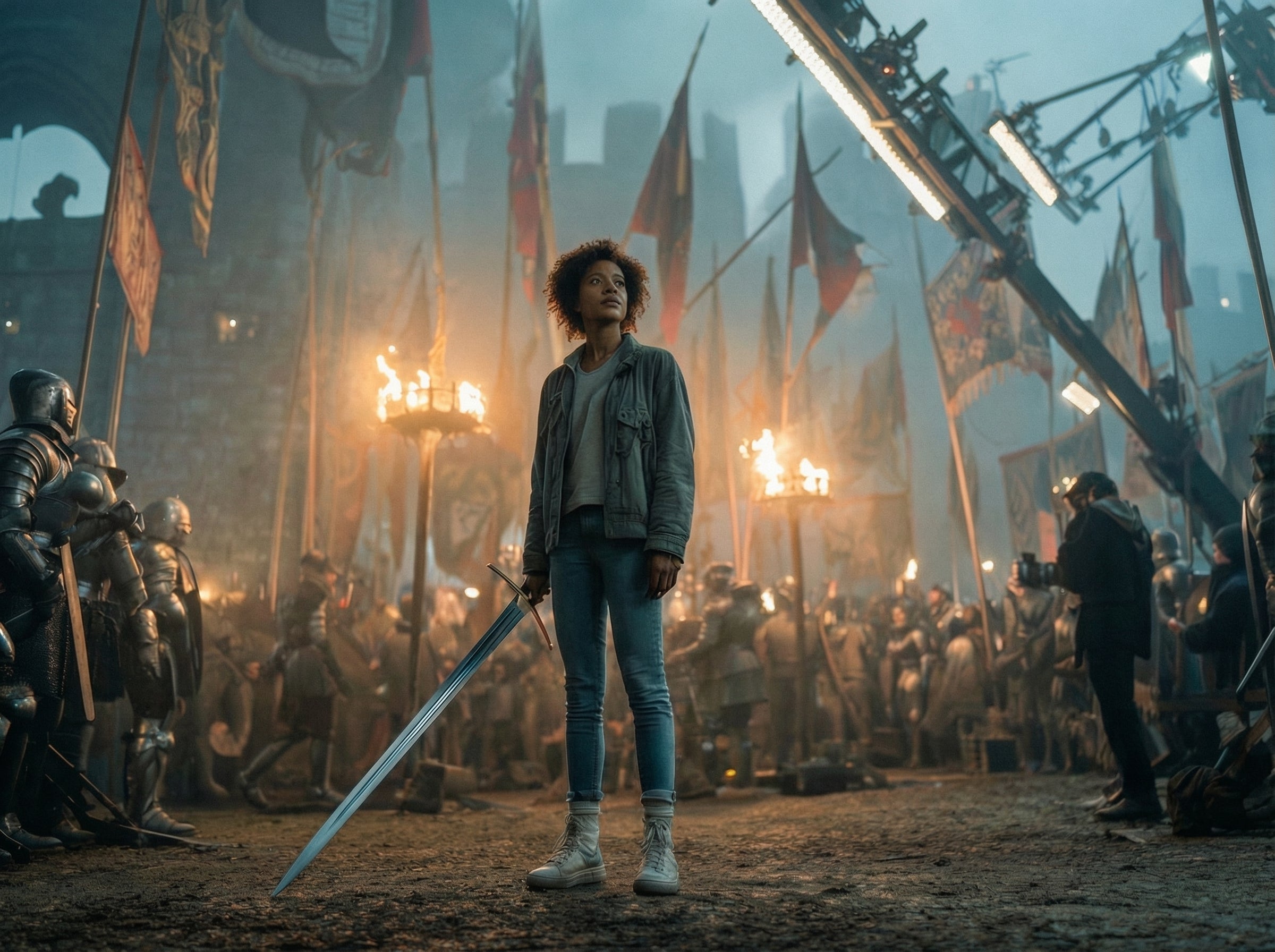 A young woman in jeans, trainers, and a casual jacket stands in the centre of a vast medieval battle scene. She is holding a sword. Around her — armoured knights, burning torches, battle flags, and a full film production crew including a camera crane. Her expression is the expression of someone who has arrived on the wrong set and has decided to see it through. The production — is completely committed to this decision. The production — has always been committed to this decision.