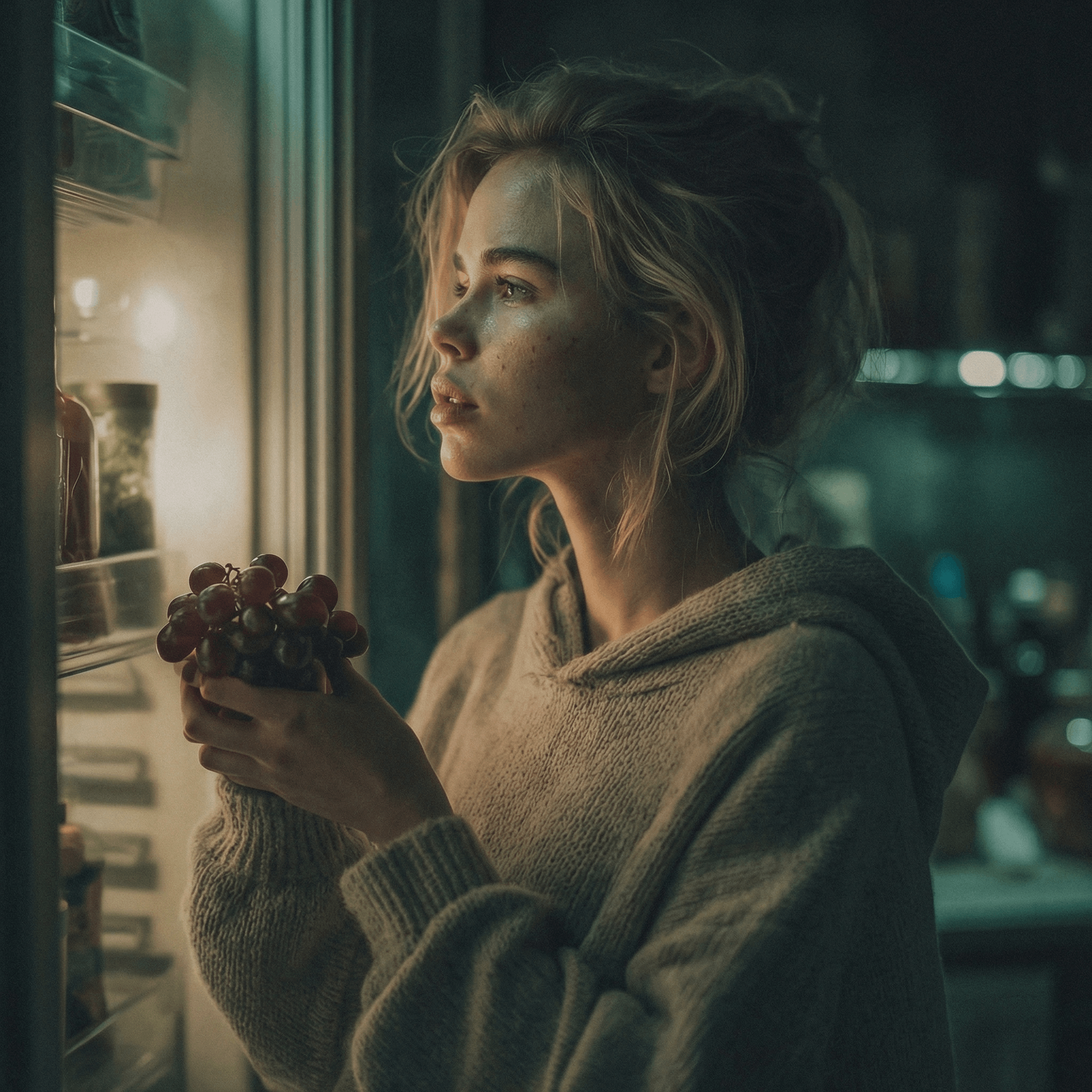 A young woman stands at an open refrigerator in a darkened kitchen. The fridge light illuminates her face with warm golden light. She is holding a bunch of grapes. Her expression is the expression of someone who has made a considered decision at an hour when considered decisions are not typically made. The grapes were  always going to be the grapes. The fridge knew.