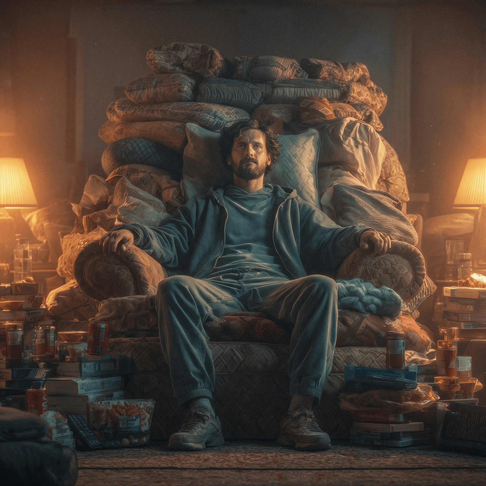 Cinematic mockumentary-style portrait of a man sitting on a throne made of cushions and blankets, surrounded by snacks and television remotes, representing Field of Jack Mockumentary Roast films.