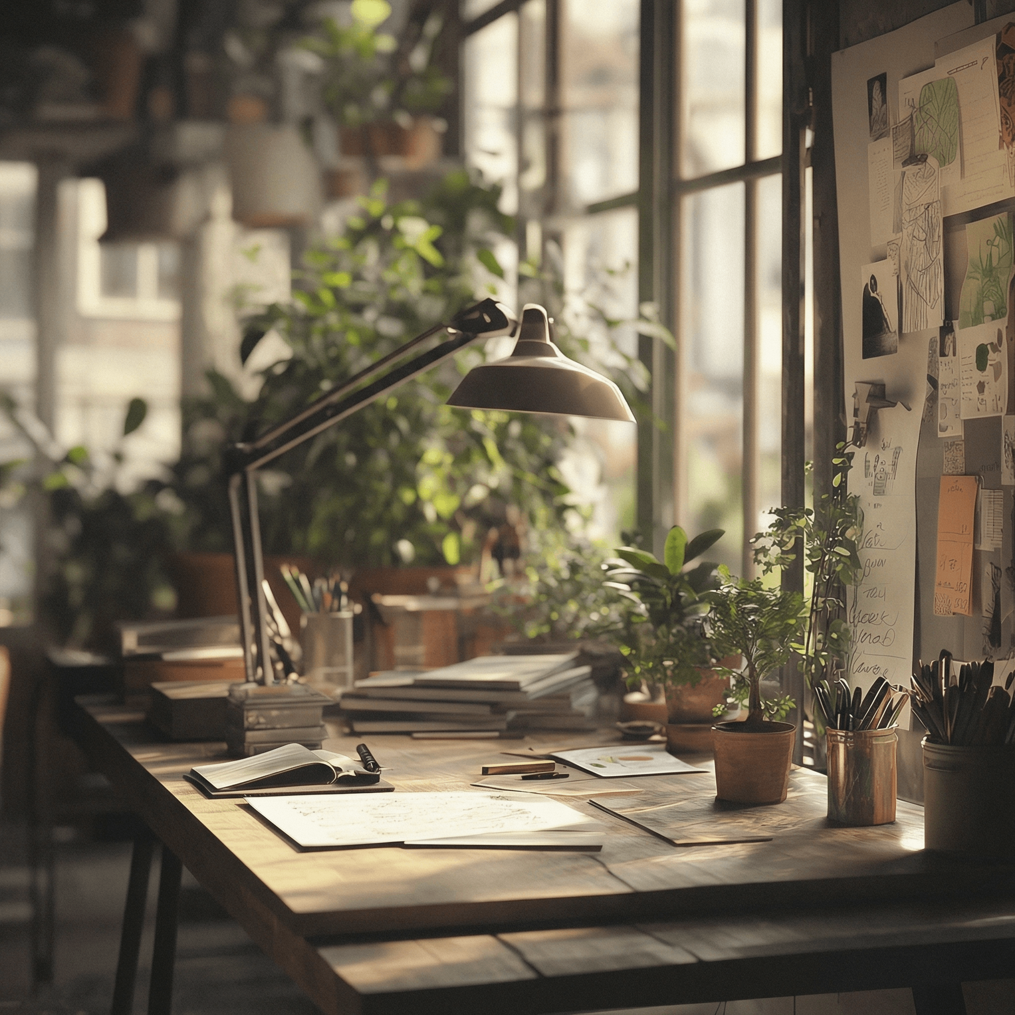 A warm, light-filled creative workspace. A long wooden desk with open notebooks, sketches and drawings pinned to the wall, plants in every corner, large industrial windows letting in soft afternoon light. The specific quality of somewhere that takes its work seriously and takes its time.