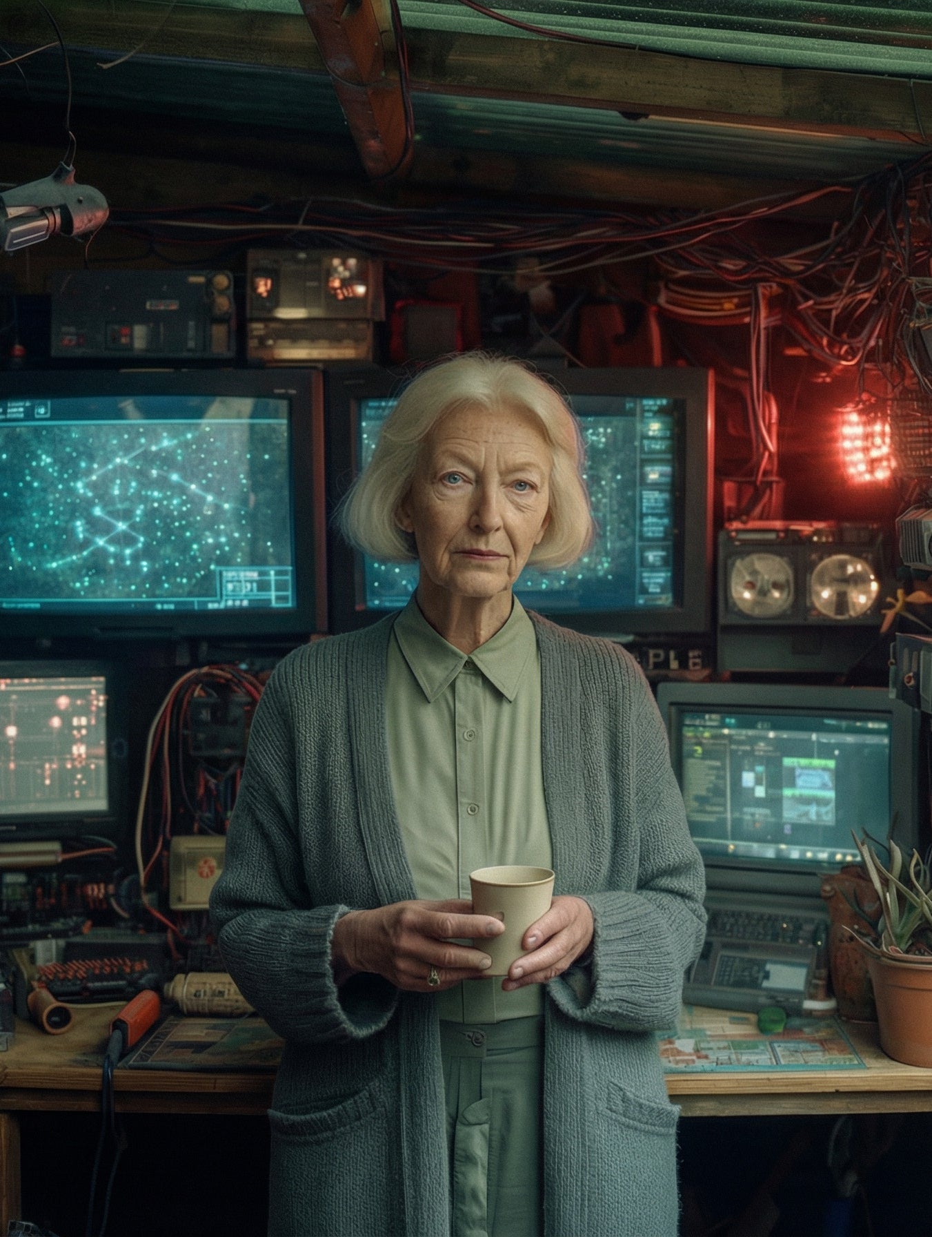 An older woman stands in a garden shed that has been comprehensively converted into an intelligence operations centre. Multiple screens display surveillance data. Cables and equipment fill every surface. A red warning light glows to her right. Through the open door behind her — a completely ordinary English garden. She is holding a cup of tea. Her expression is the expression of someone who was not expecting to be found and is not, in any meaningful sense, surprised. The garden is her cover. 