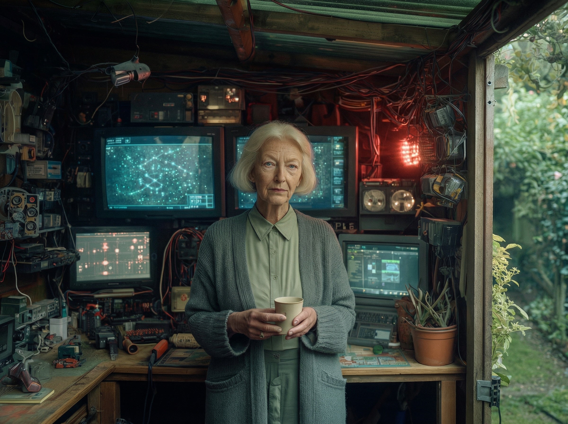 An older woman stands in a garden shed that has been comprehensively converted into an intelligence operations centre. Multiple screens display surveillance data. Cables and equipment fill every surface. A red warning light glows to her right. Through the open door behind her — a completely ordinary English garden. She is holding a cup of tea. Her expression is the expression of someone who was not expecting to be found and is not, in any meaningful sense, surprised. The garden is her cover. 