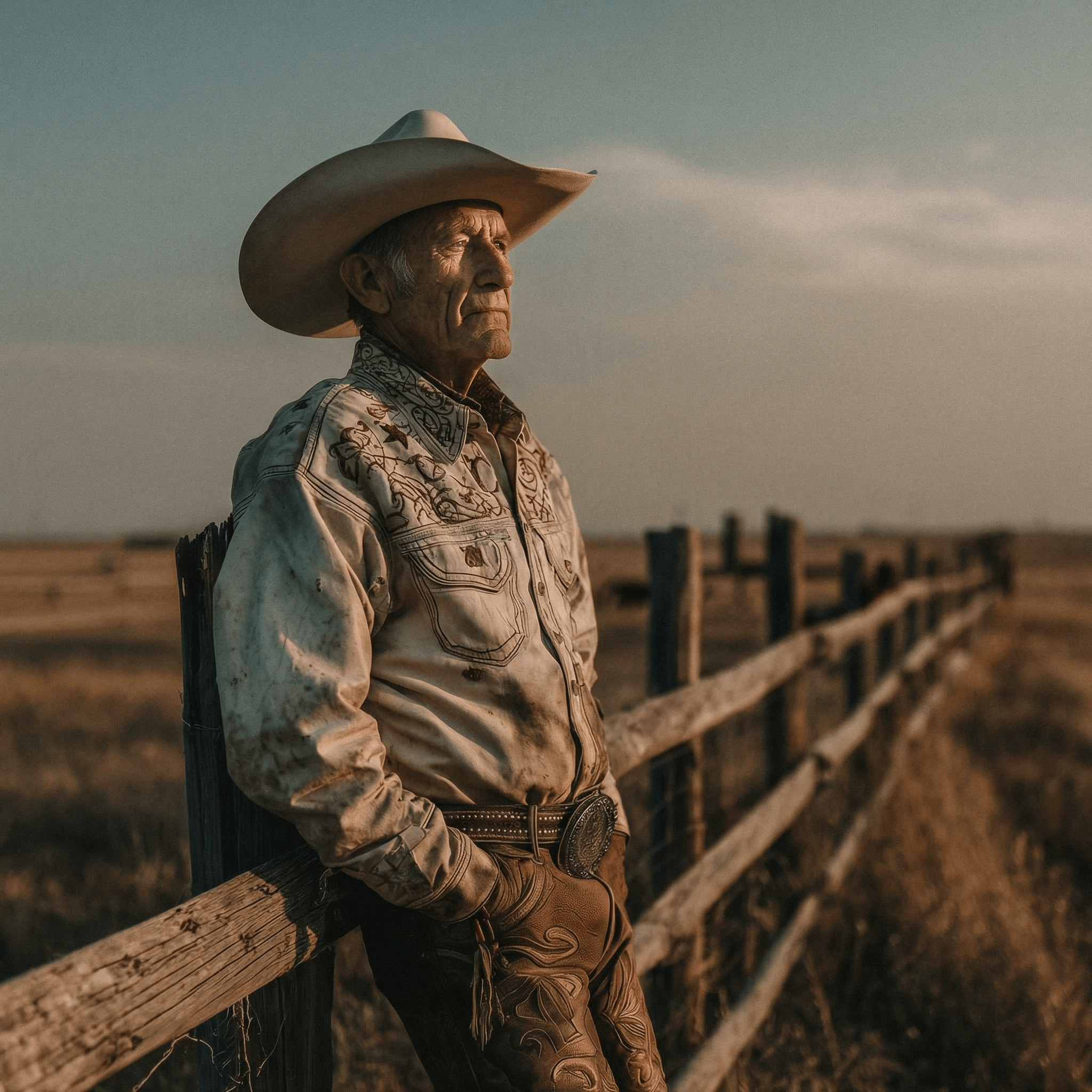 Cinematic portrait of a cowboy standing beside a rural fence at sunset, representing Field of Jack Secret Life Reveal Roast film storytelling about hidden identities and unexpected backstories.