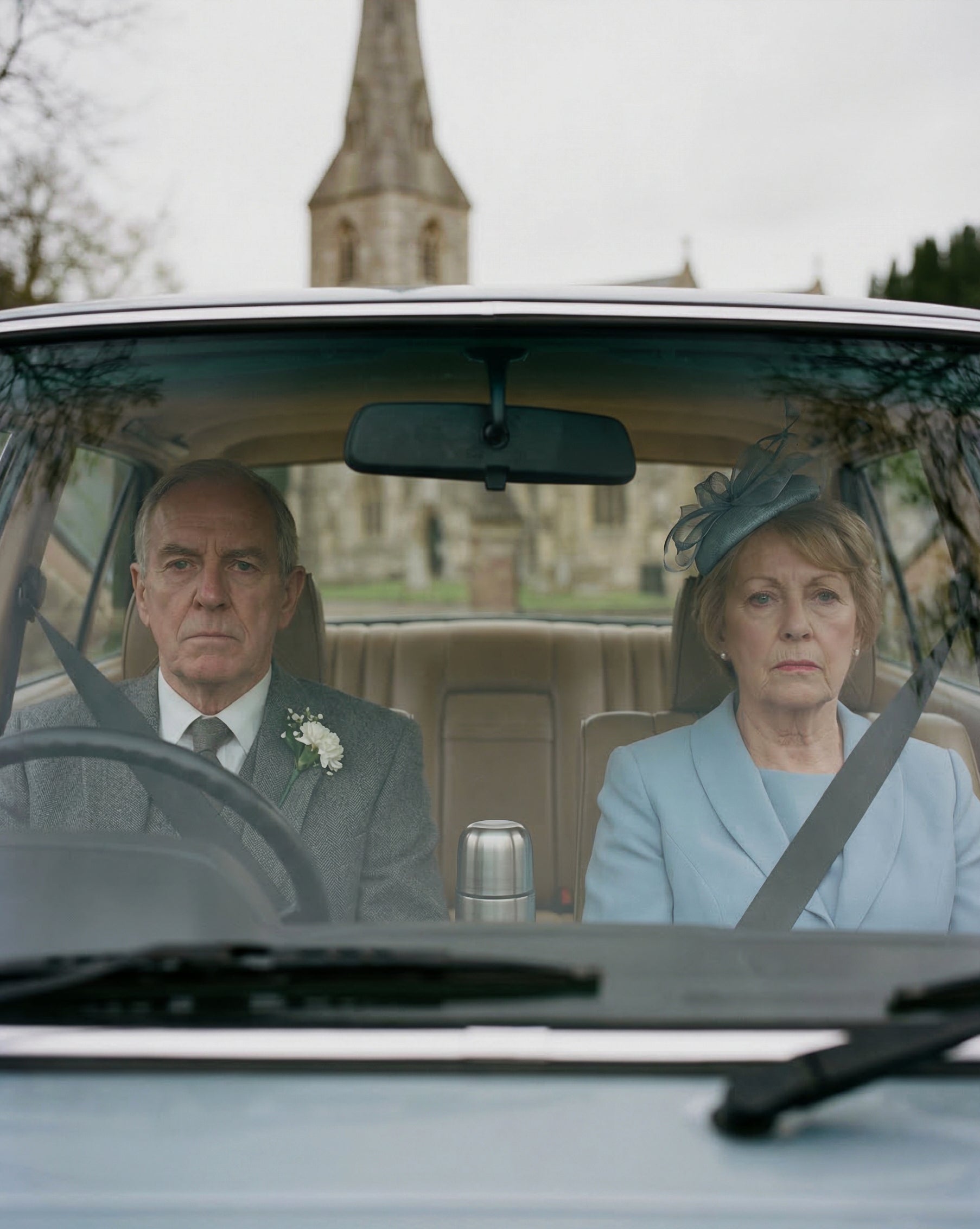 Mr and Mrs Henderson, dressed for a wedding, seated in their car with seatbelts fastened. A flask sits on the centre console between them. A church spire is visible through the rear window. They arrived at 12.17pm. The wedding is at two o'clock. They are — entirely comfortable with this.