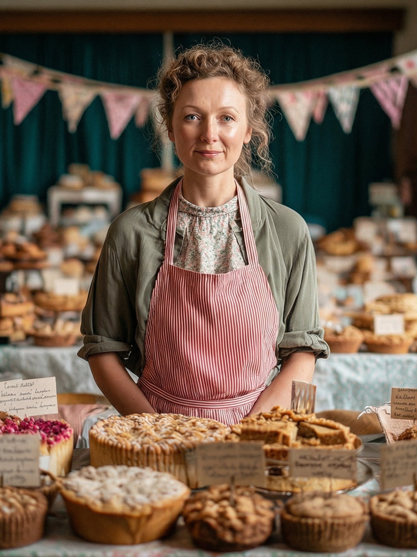 A woman stands behind a folding table in a village hall, surrounded by an extraordinary quantity of homemade baked goods. Each item has a handwritten price label. Bunting hangs above. Her expression is the expression of someone who has been preparing for this for considerably longer than the occasion required. The system is in place. The system  has always been in place. The bake sale will proceed as planned.