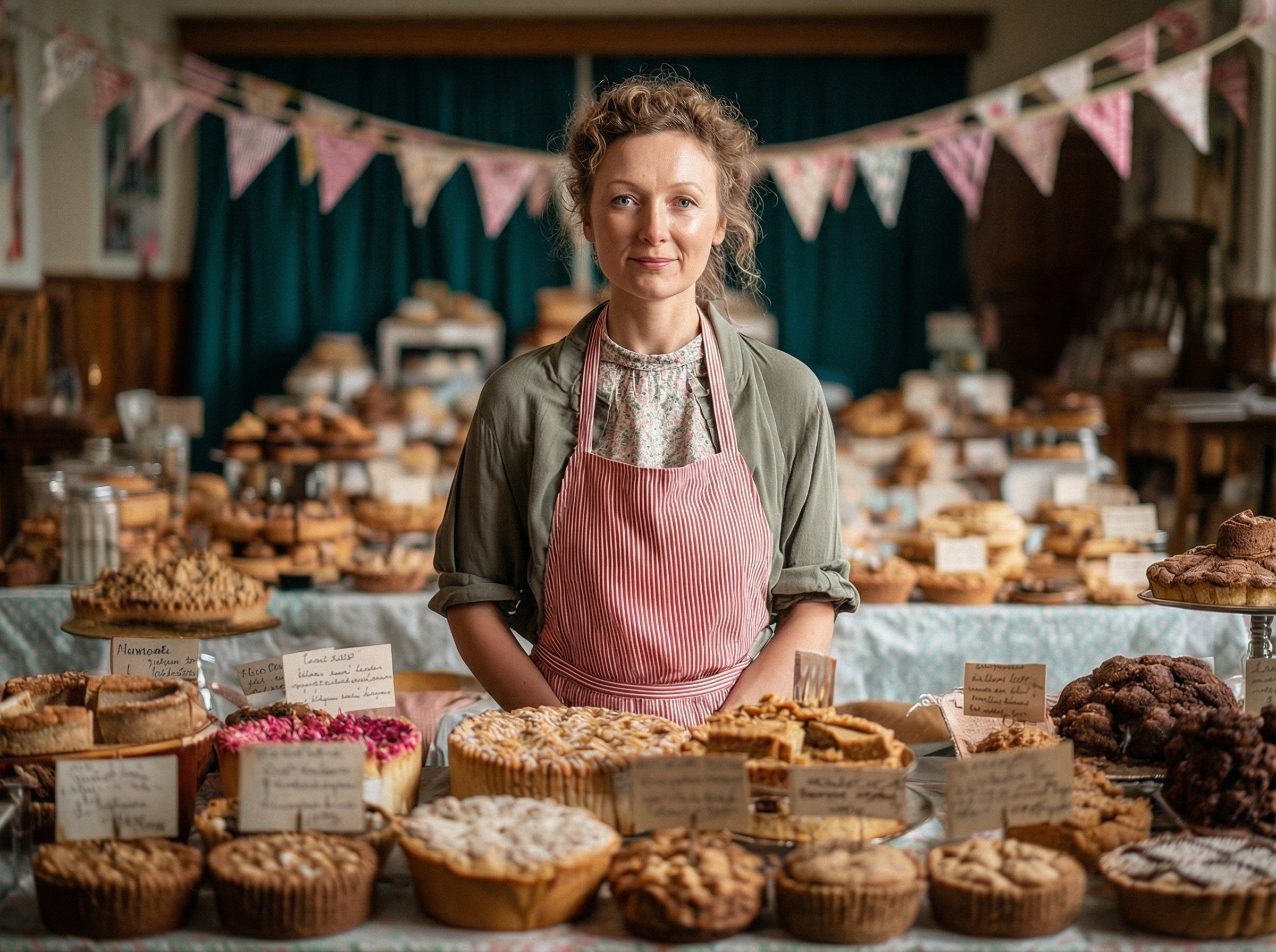 A woman stands behind a folding table in a village hall, surrounded by an extraordinary quantity of homemade baked goods. Each item has a handwritten price label. Bunting hangs above. Her expression is the expression of someone who has been preparing for this for considerably longer than the occasion required. The system is in place. The system has always been in place. The bake sale will proceed as planned.